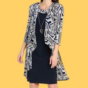 NWT R&M Richards Geometric Print Jacket Dress 2 Piece Set Size 8P Navy 3309P
